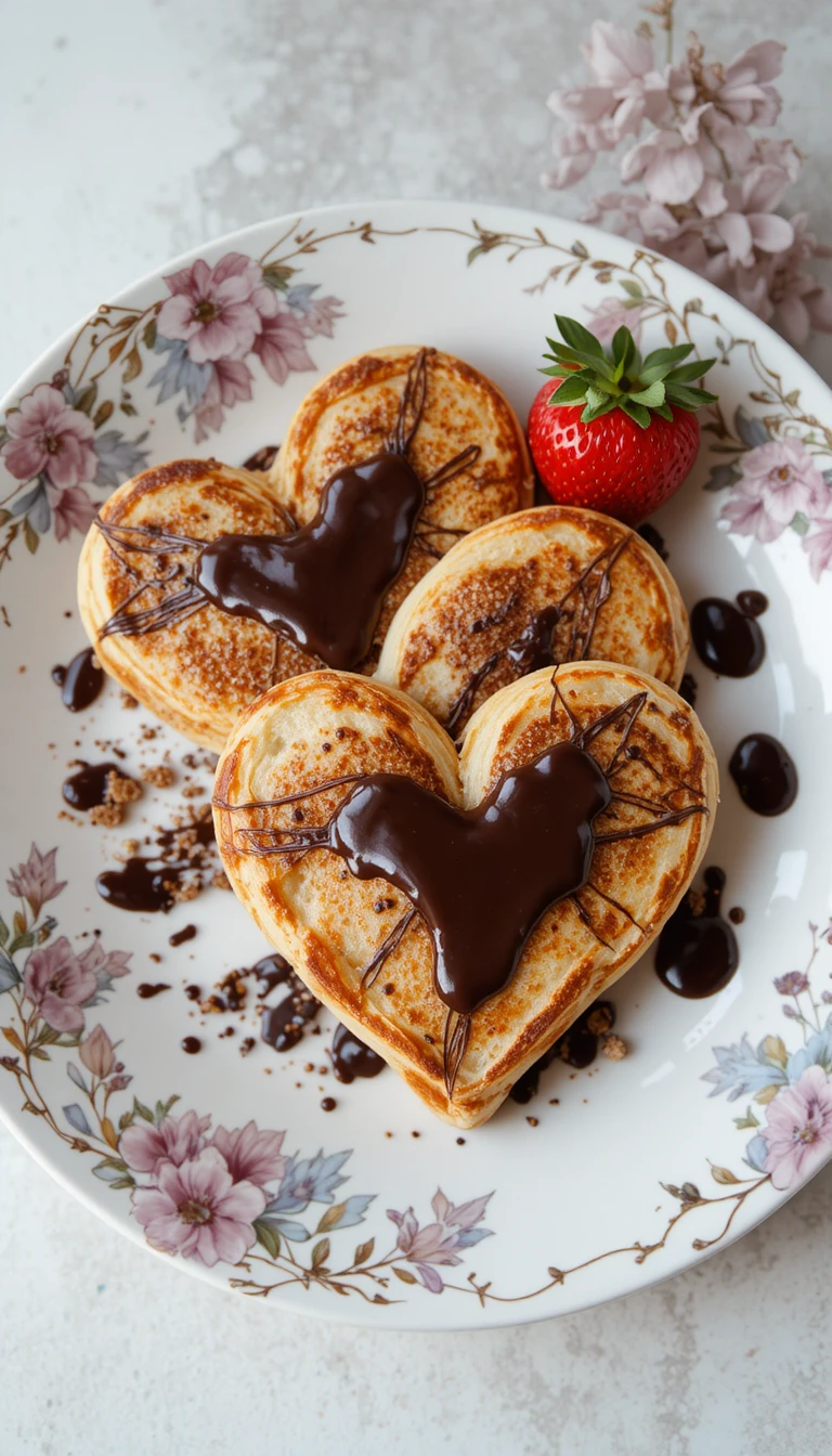 Panqueques en forma de corazón con salsa de chocolate y fresas