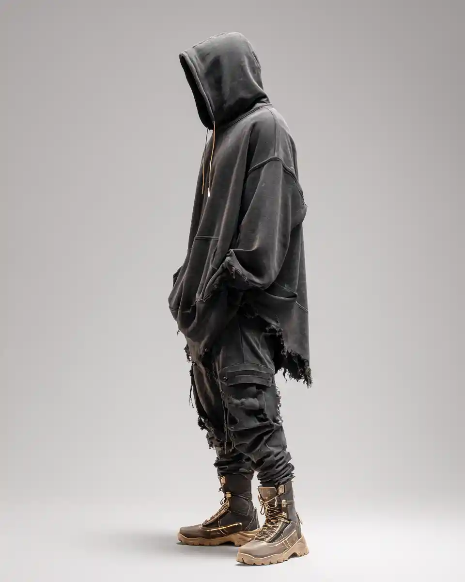 Faceless streetwear figure in oversized distressed hoodie