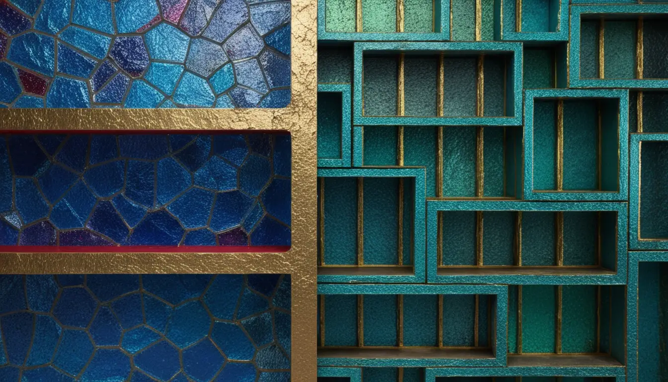 Abstract room interior with stained glass partition and shelves