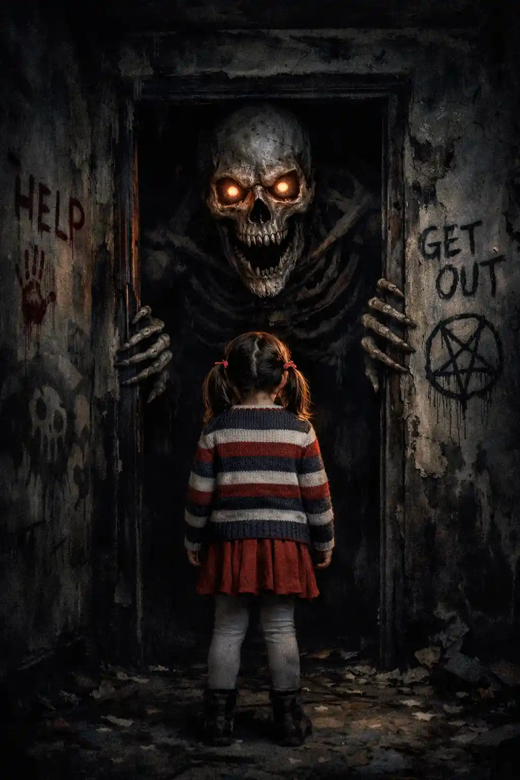 Young girl facing giant skeleton in dark hallway