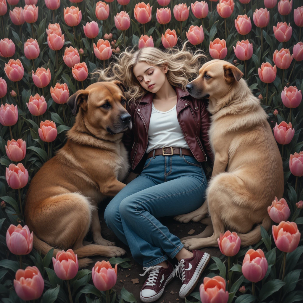 Niña dormida en un campo de tulipanes protegida por dos perros grandes