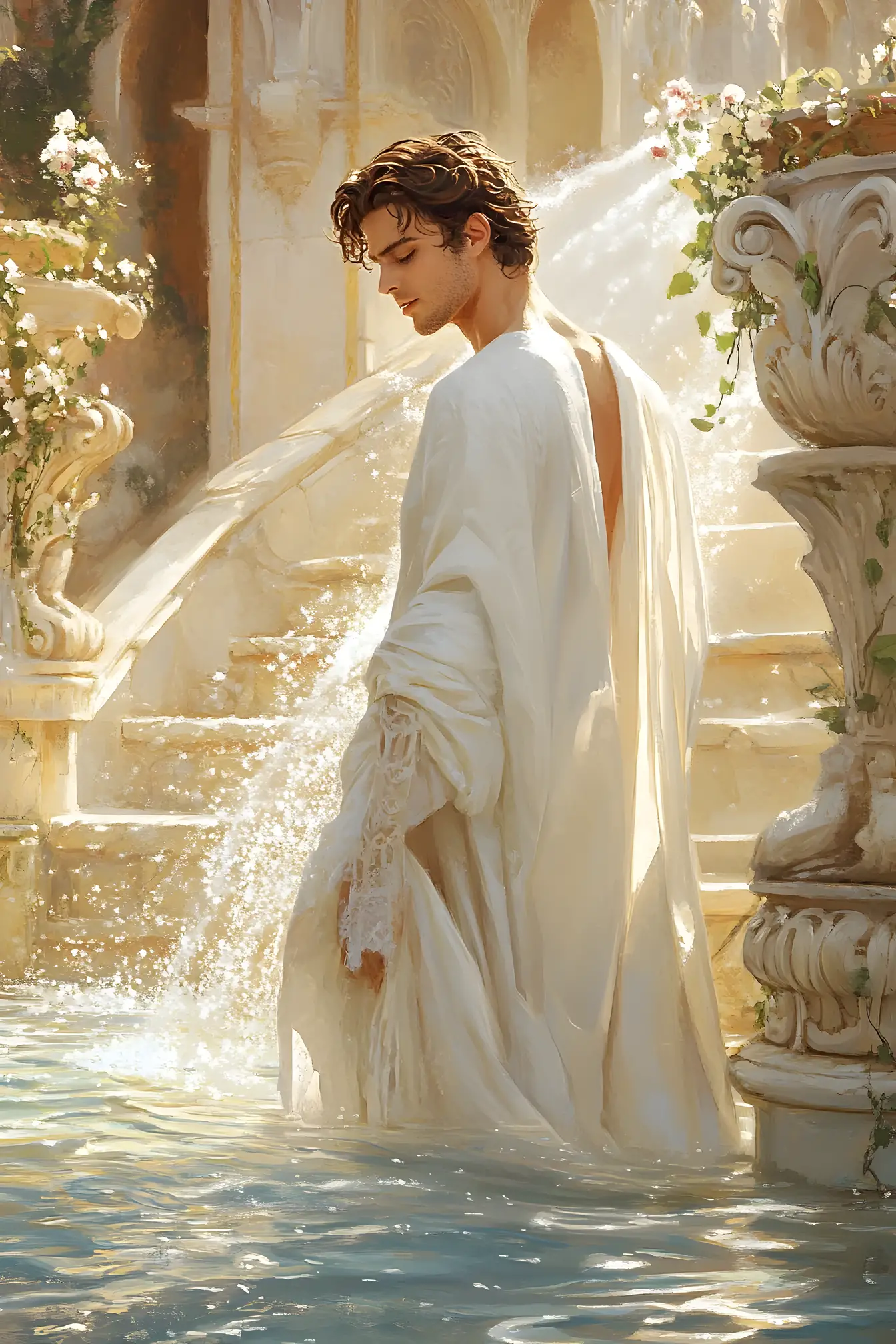 Man in white greek gown by a sunlit fountain