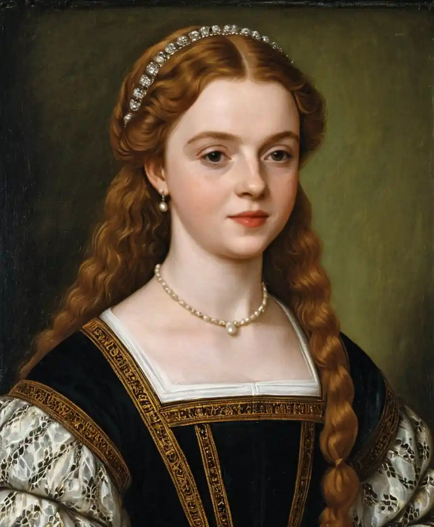 Ritratto rinascimentale della giovane Lady Beatrice Carey di profilo