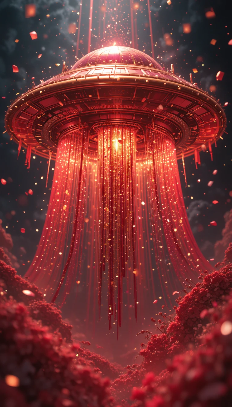 Festive red and gold ufo in vibrant digital painting