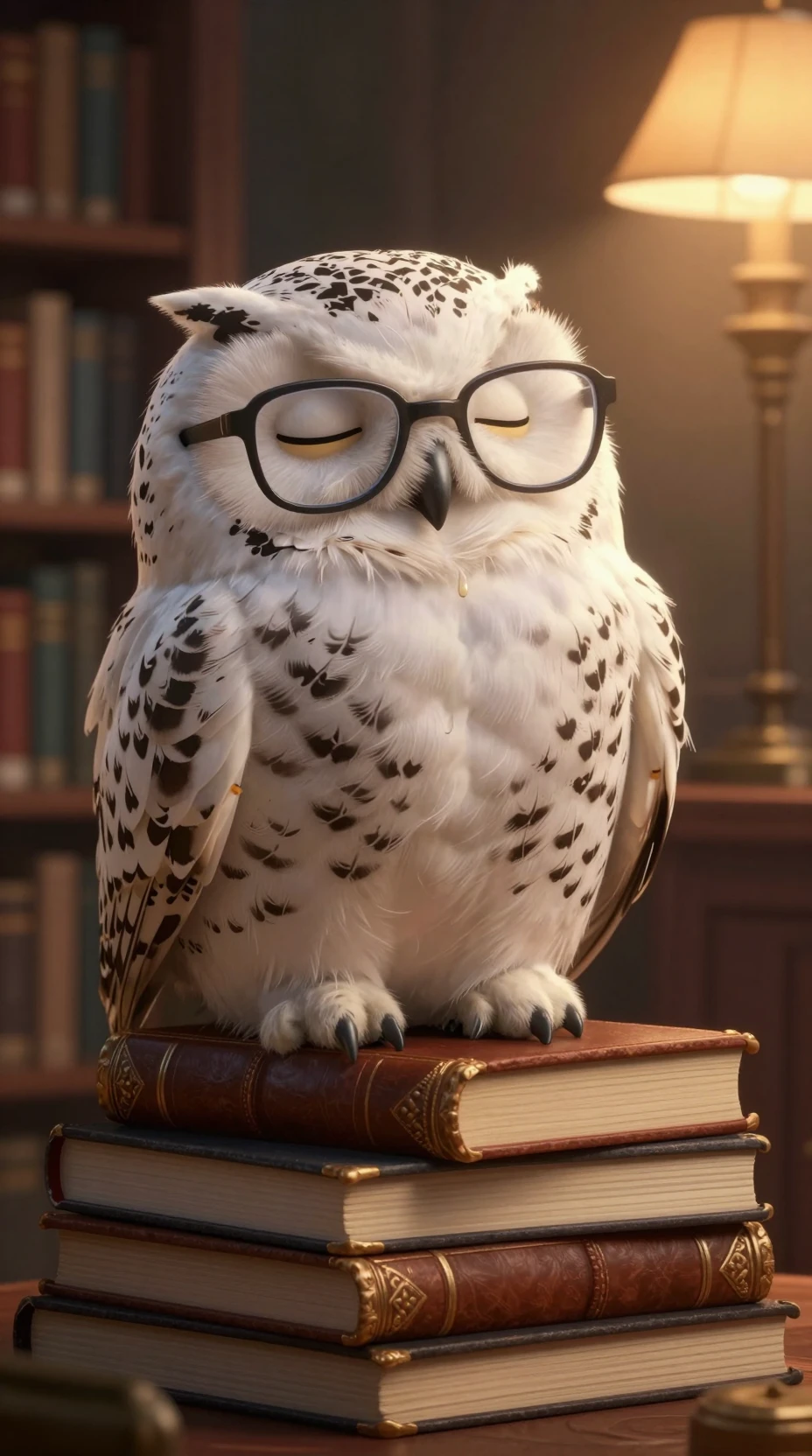 Sleepy snowy owl on books in a cozy library