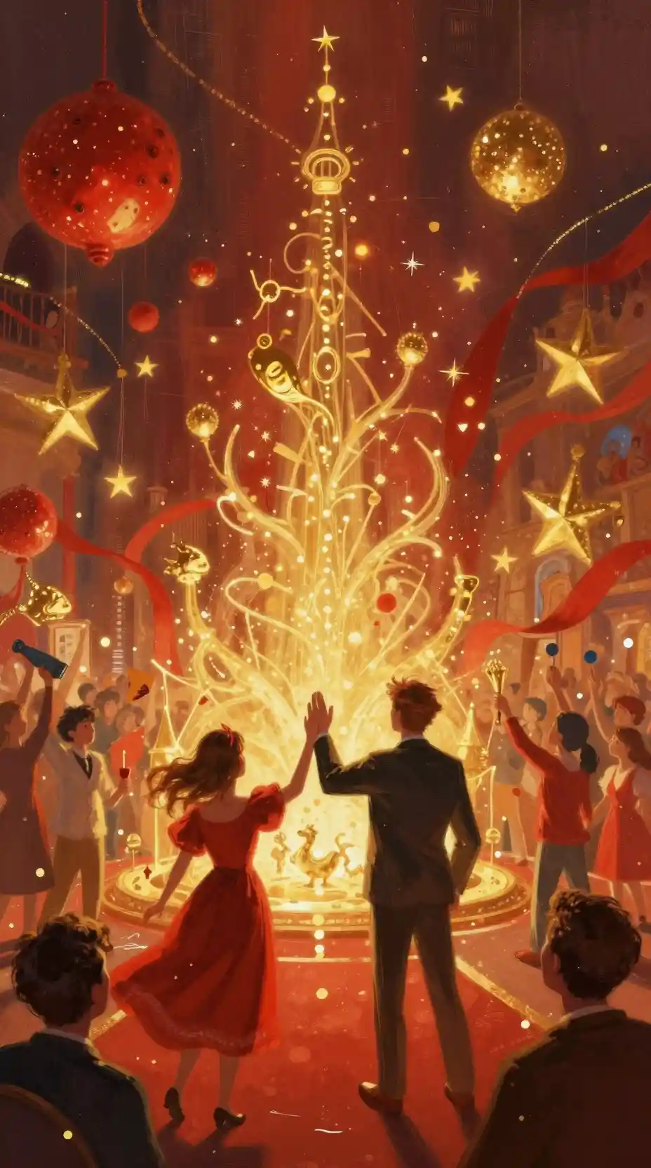 Joyful red and gold digital painting with dynamic light