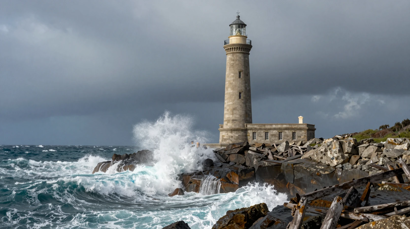 Antiker Leuchtturm über stürmischer See und brechenden Wellen