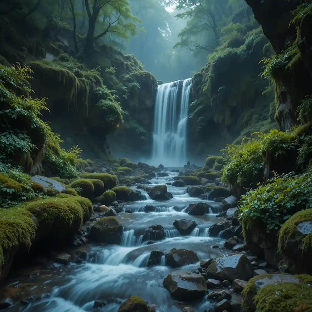 Waterfall stream in a misty quartz lined forest
