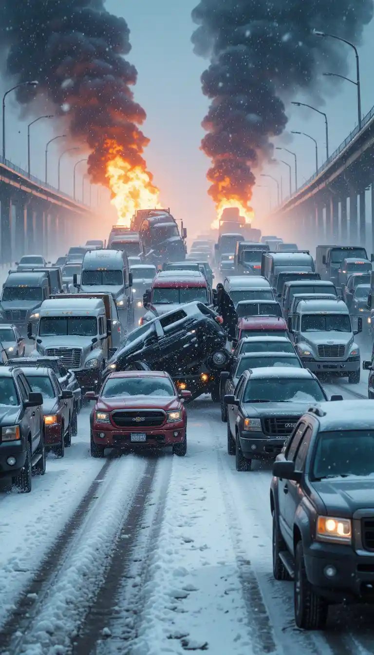 Multivehicle pileup on a snowy highway in heavy storm