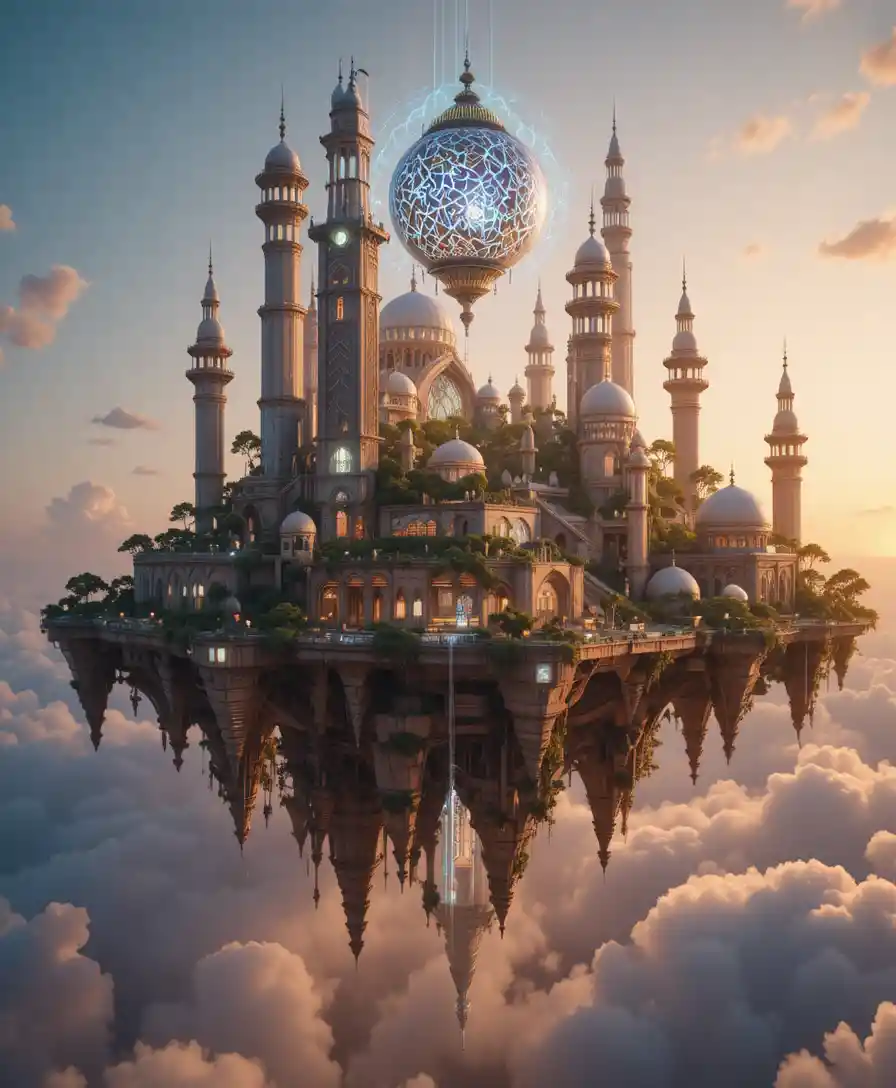 Futuristic solarpunk Ramadan island with glowing lantern