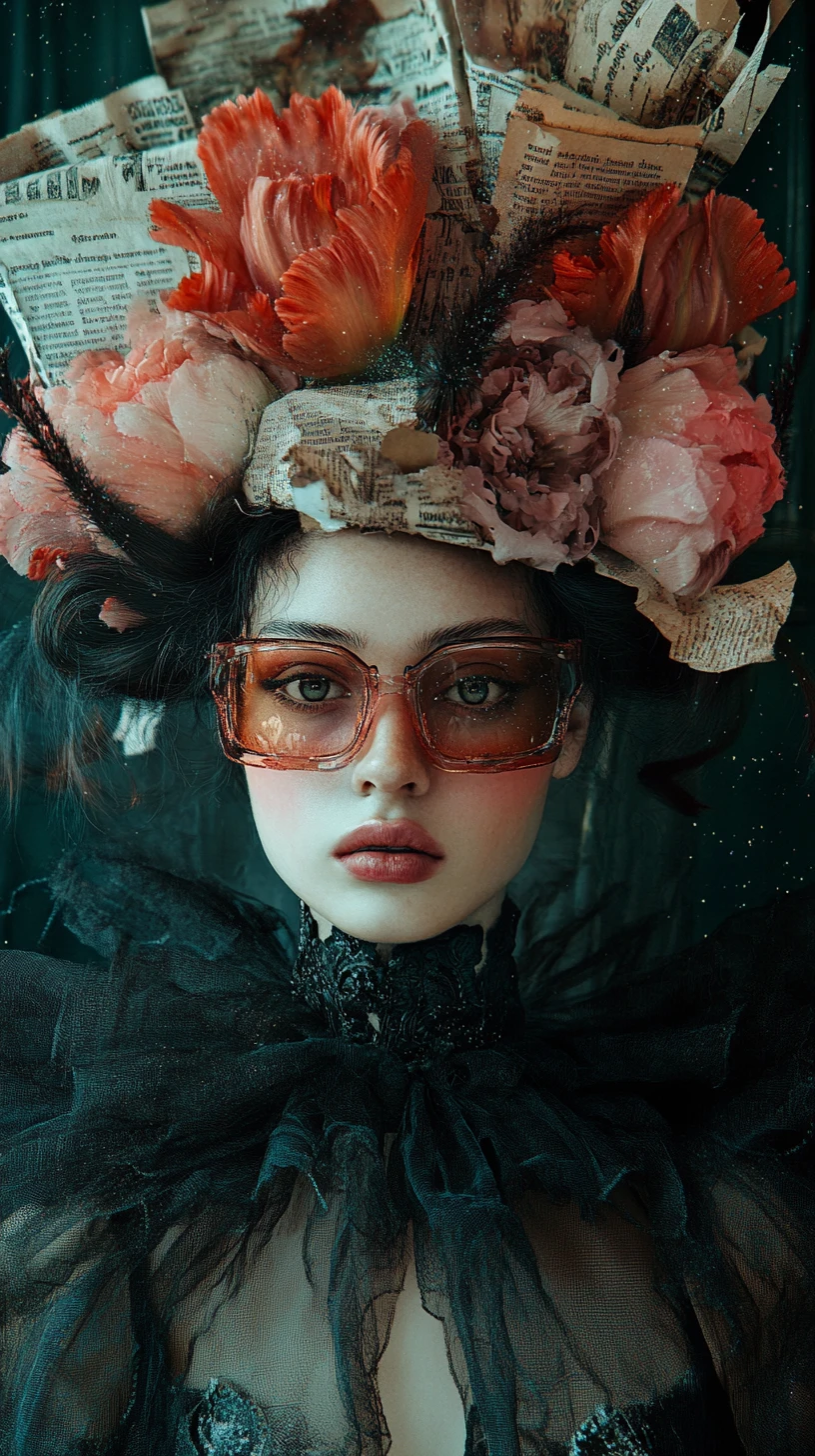 Surreal gothic portrait of a vibrant woman with glittering gaze