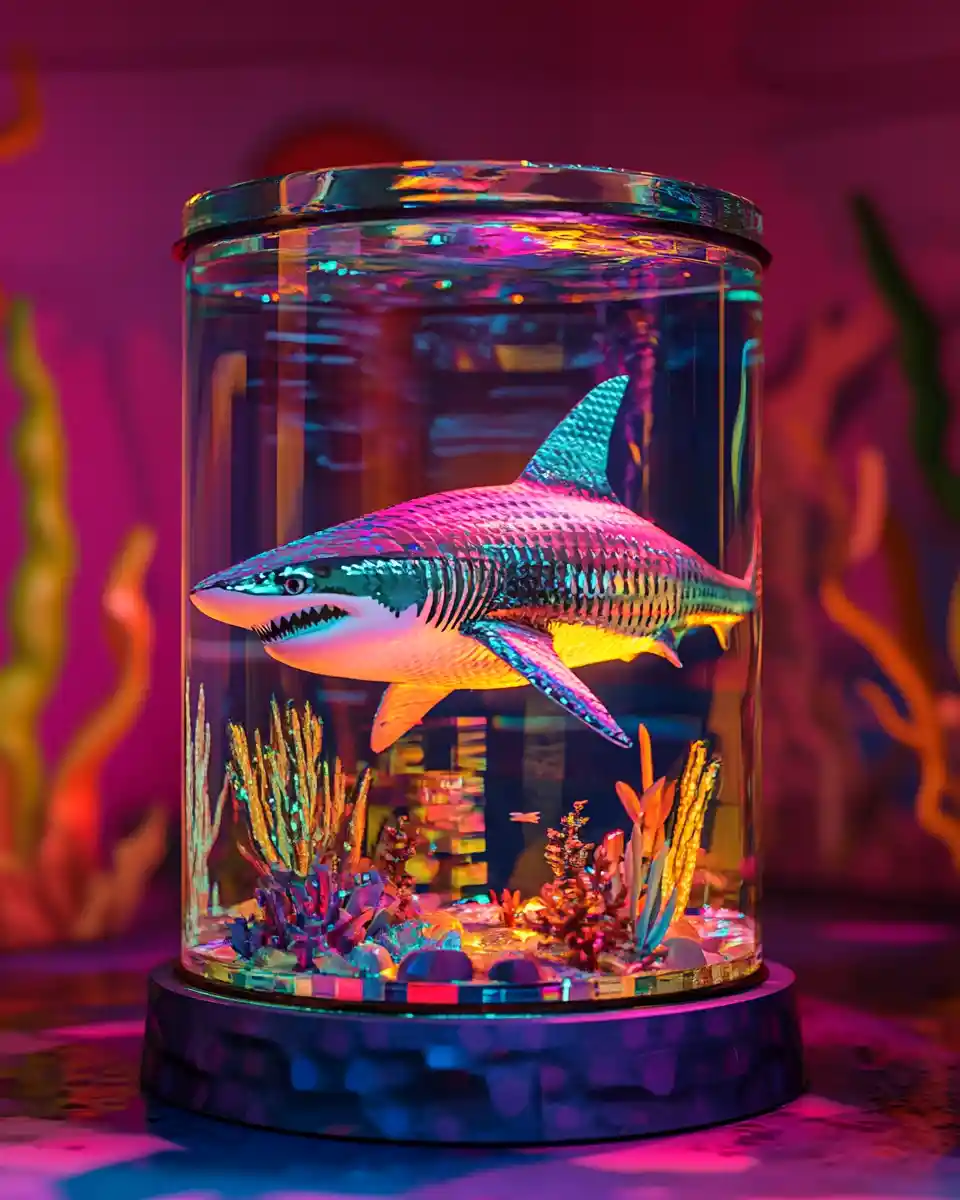 Pop art miniature shark inside a glowing retro aquarium