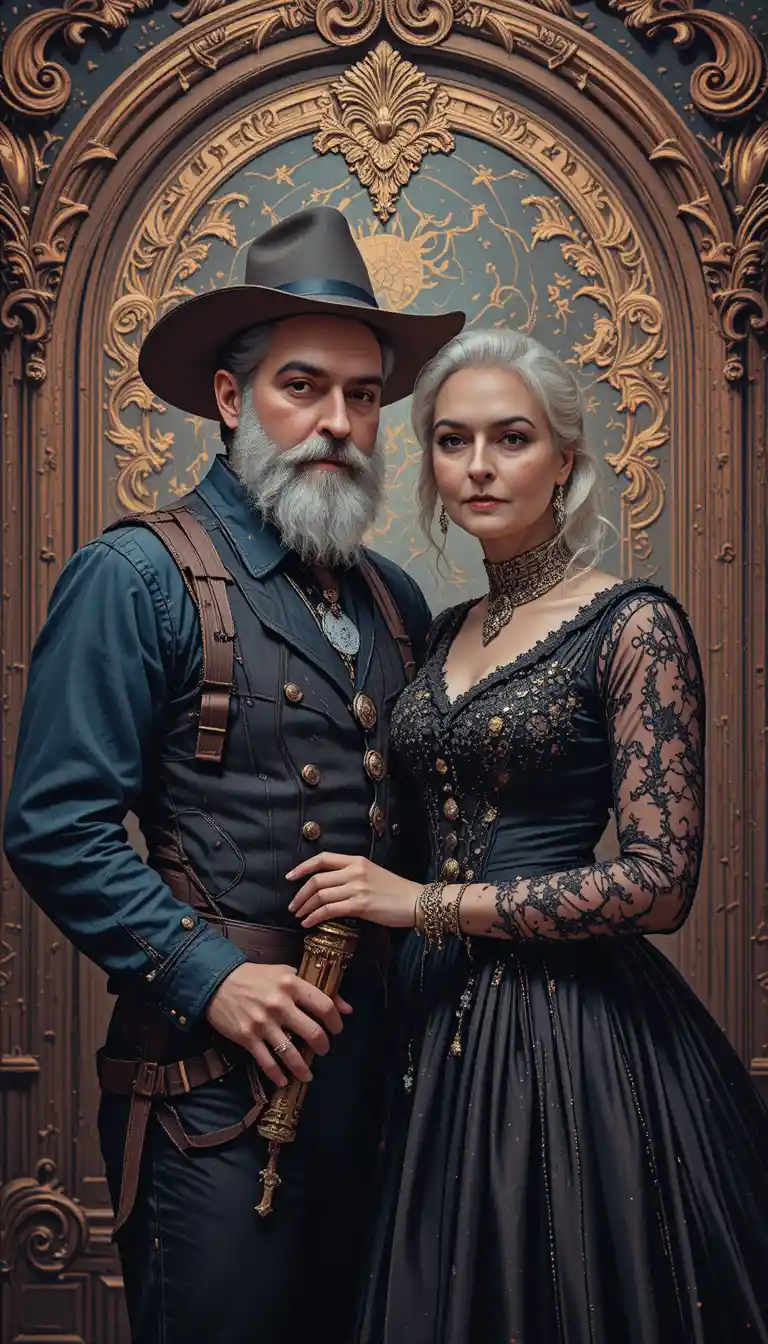 Rustic farmer and gothic wife in ornate surreal interior