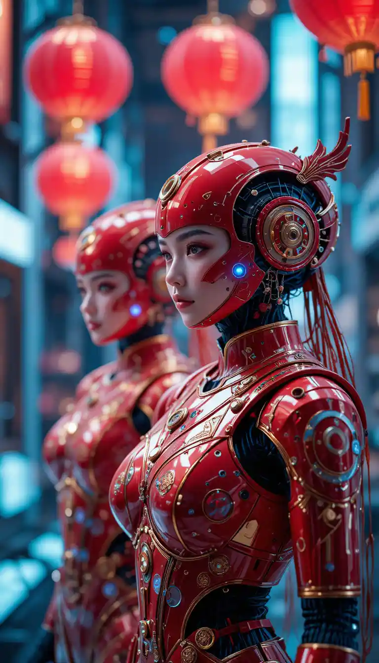 Cybernetic humanoids celebrating Chinese New Year in neon city