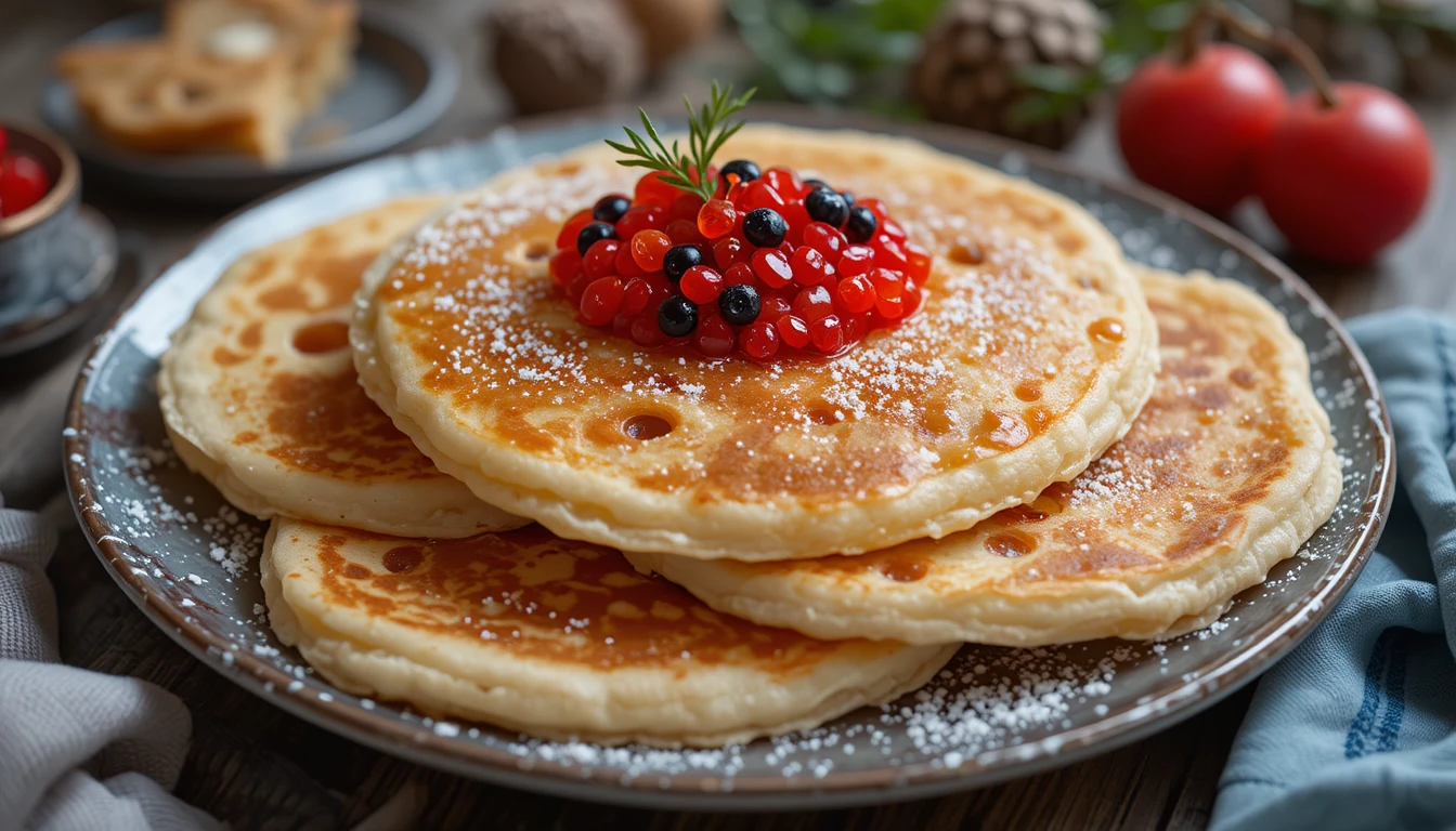 Plato de panqueques cubiertos con caviar rojo y negro