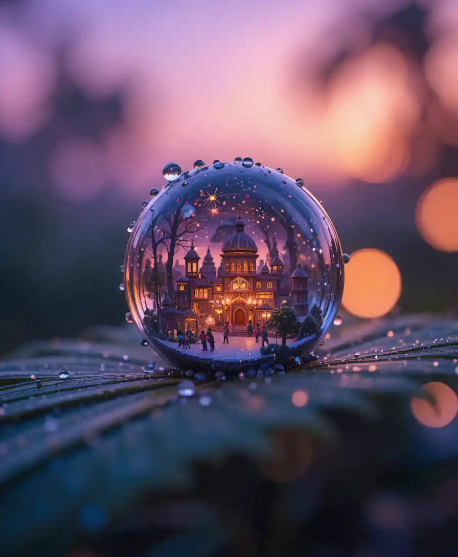 Macro dew drop on palm leaf with tiny lantern lit village