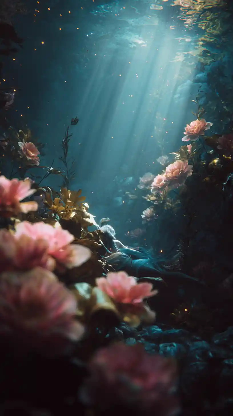 Surreal mermaid drifting among deep underwater flora and light