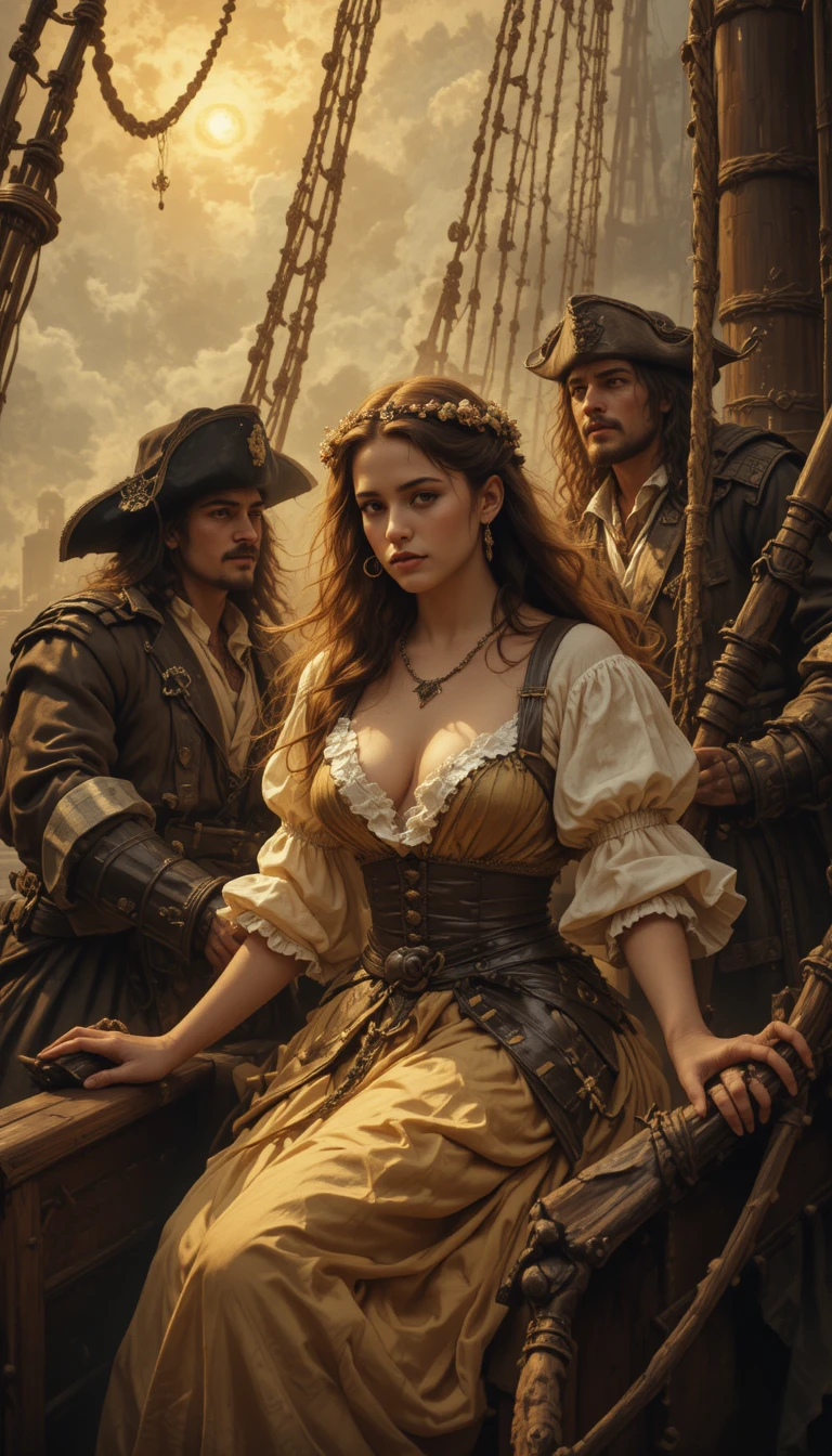 Pirates Seizing A Young Woman On A Dark Ship Deck