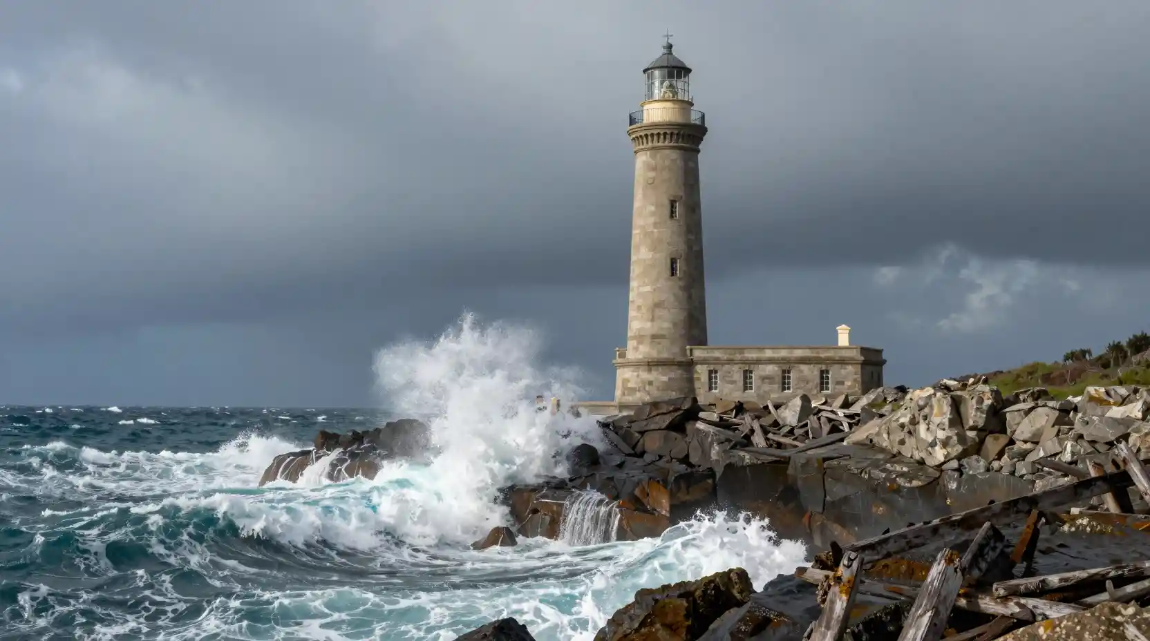 Ancient Lighthouse Above Stormy Sea And Crashing Waves