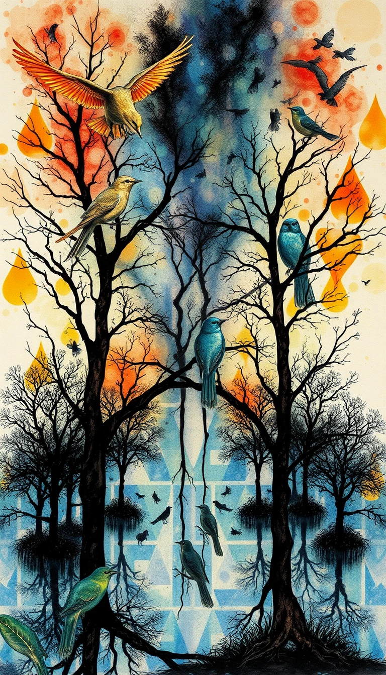Aves y árboles abstractos surrealistas en una escena ilusoria de tinta