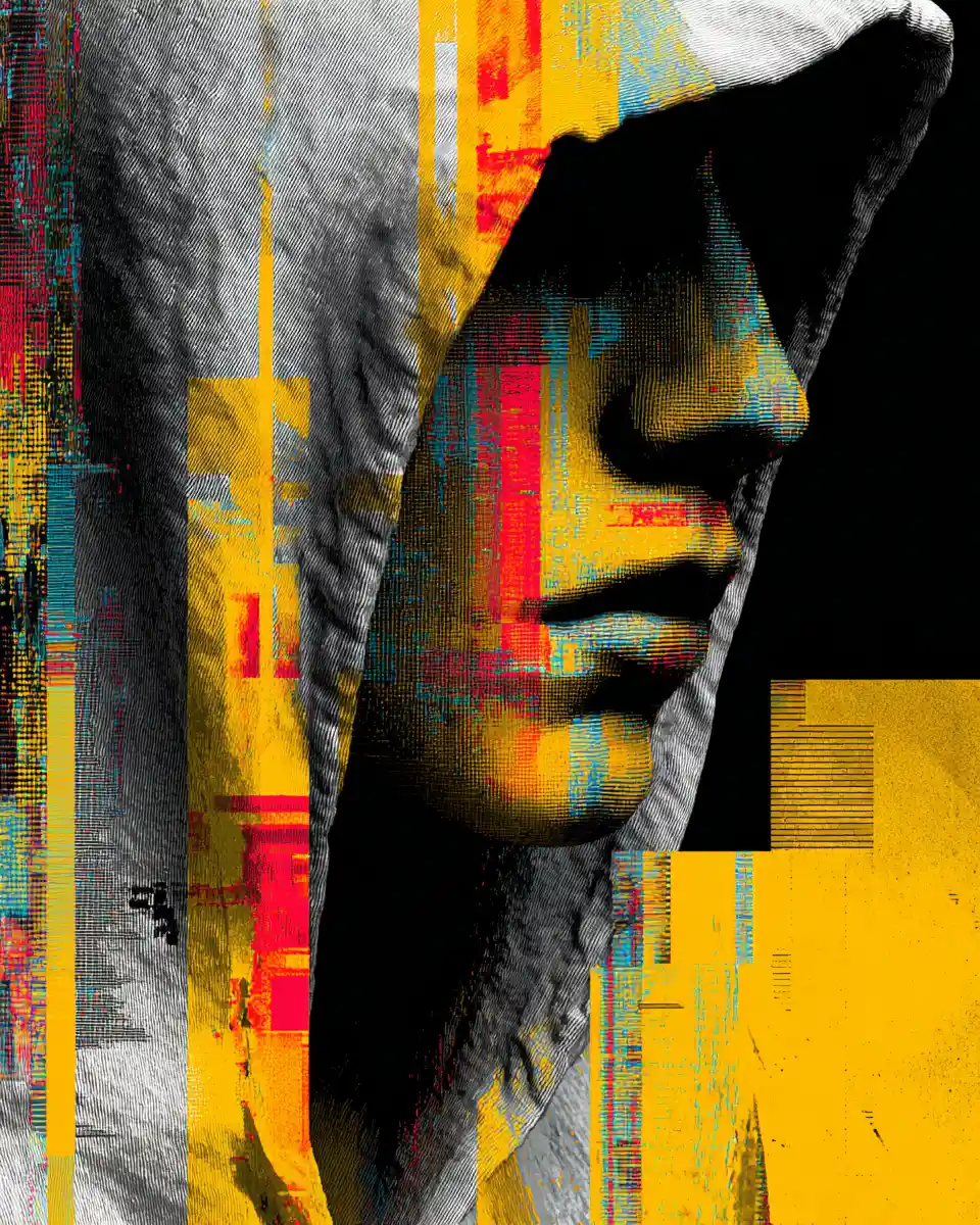 Close up glitch portrait of a hooded faceless figure