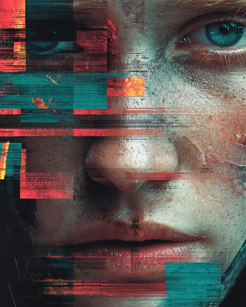 Extreme close up glitch portrait of fragmented face
