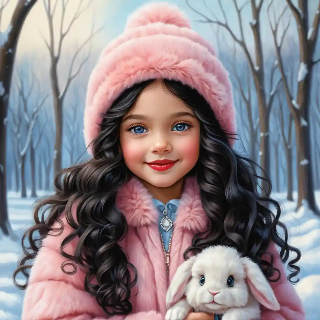 Smiling winter girl with puppy in pink fur clothing