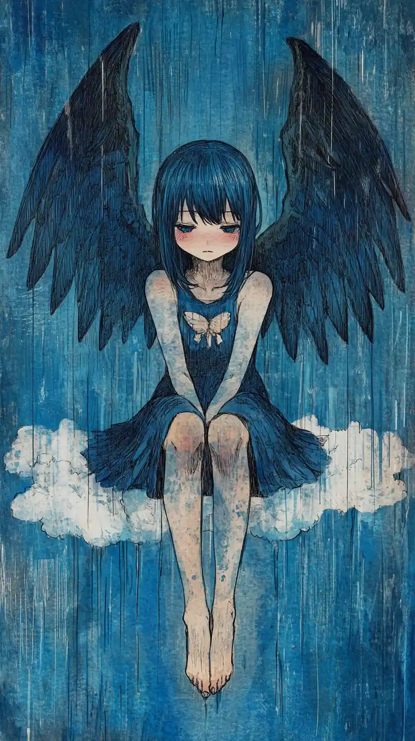 Sad anime girl with wings sitting on a cloud