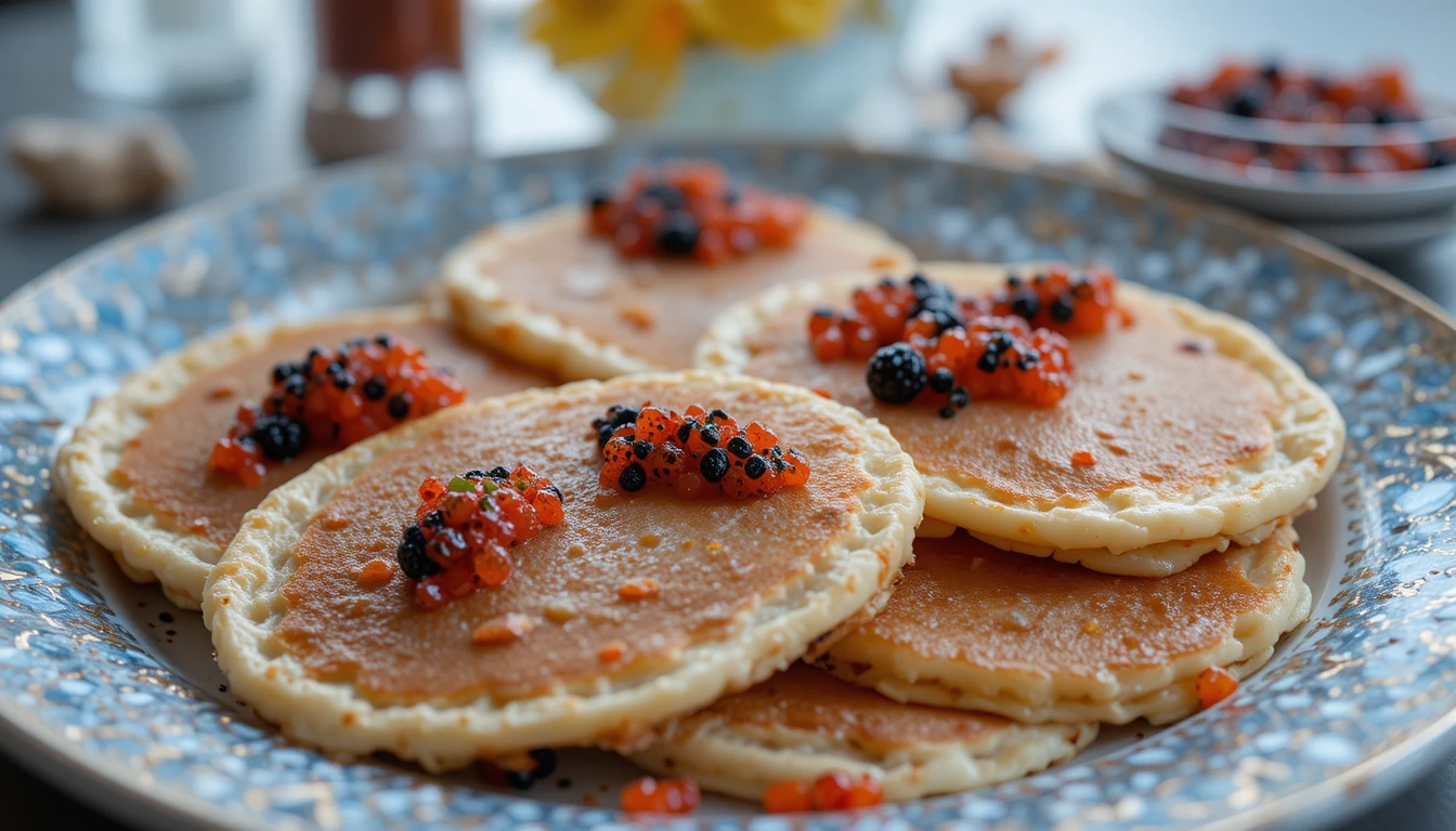 Plato de panqueques cubiertos con caviar rojo y negro