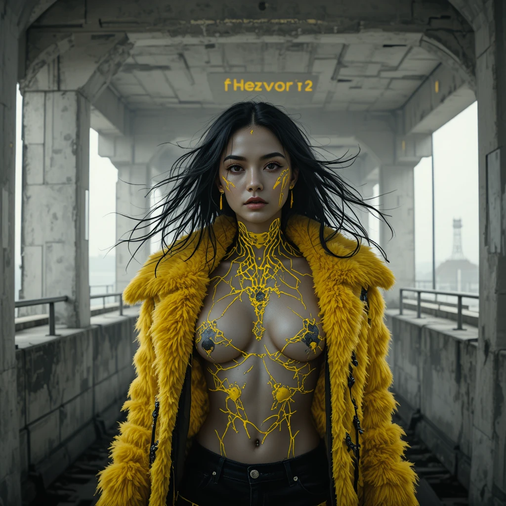 Cyberpunk spy woman in ruined elevated metro corridor