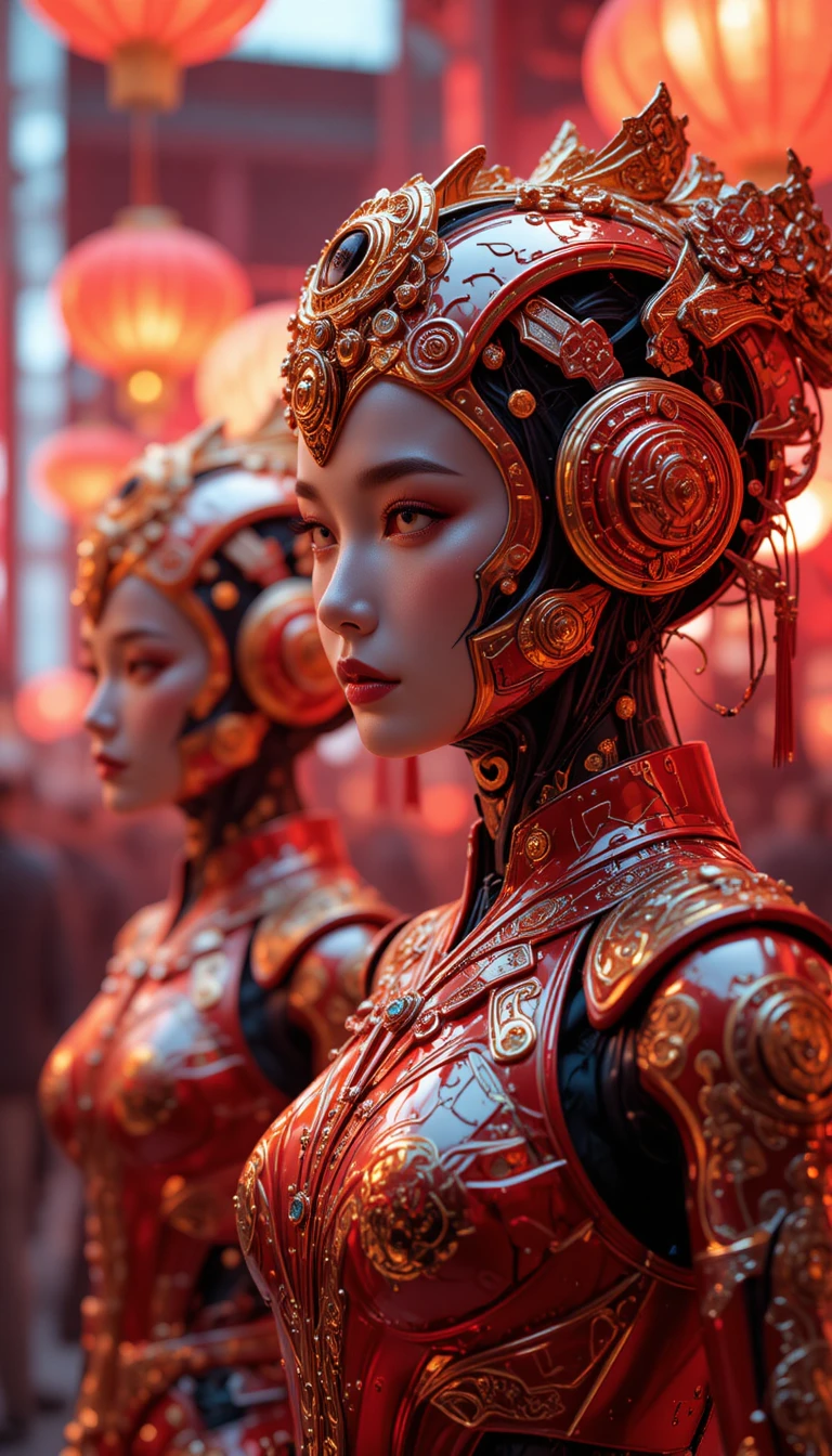 Cyber humanoids celebrating Chinese New Year in neon city