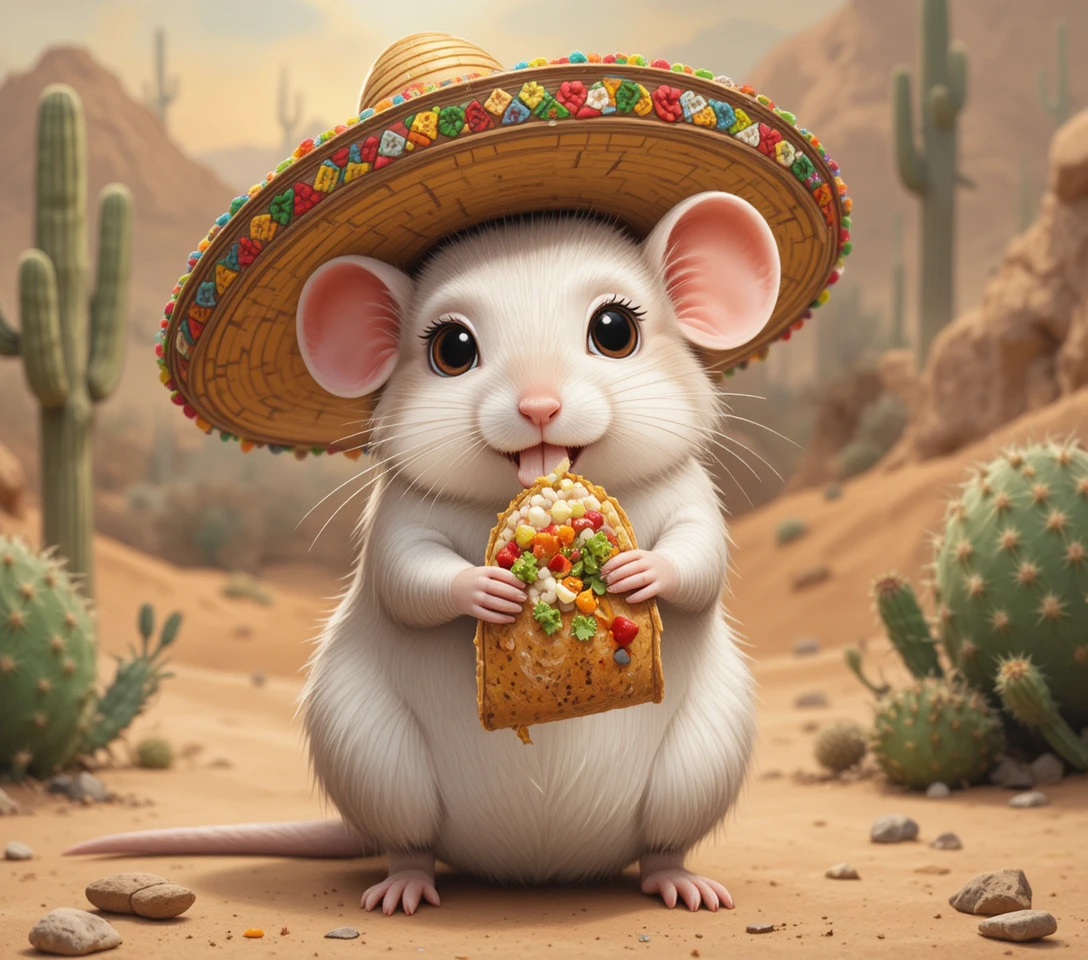 Adorable ratón mexicano comiendo un taco en el desierto