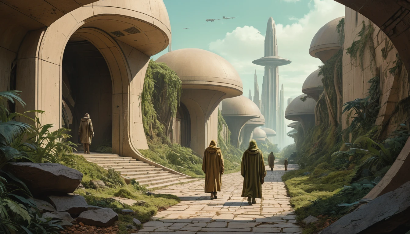 Hooded figures walk a decayed path in a futuristic city