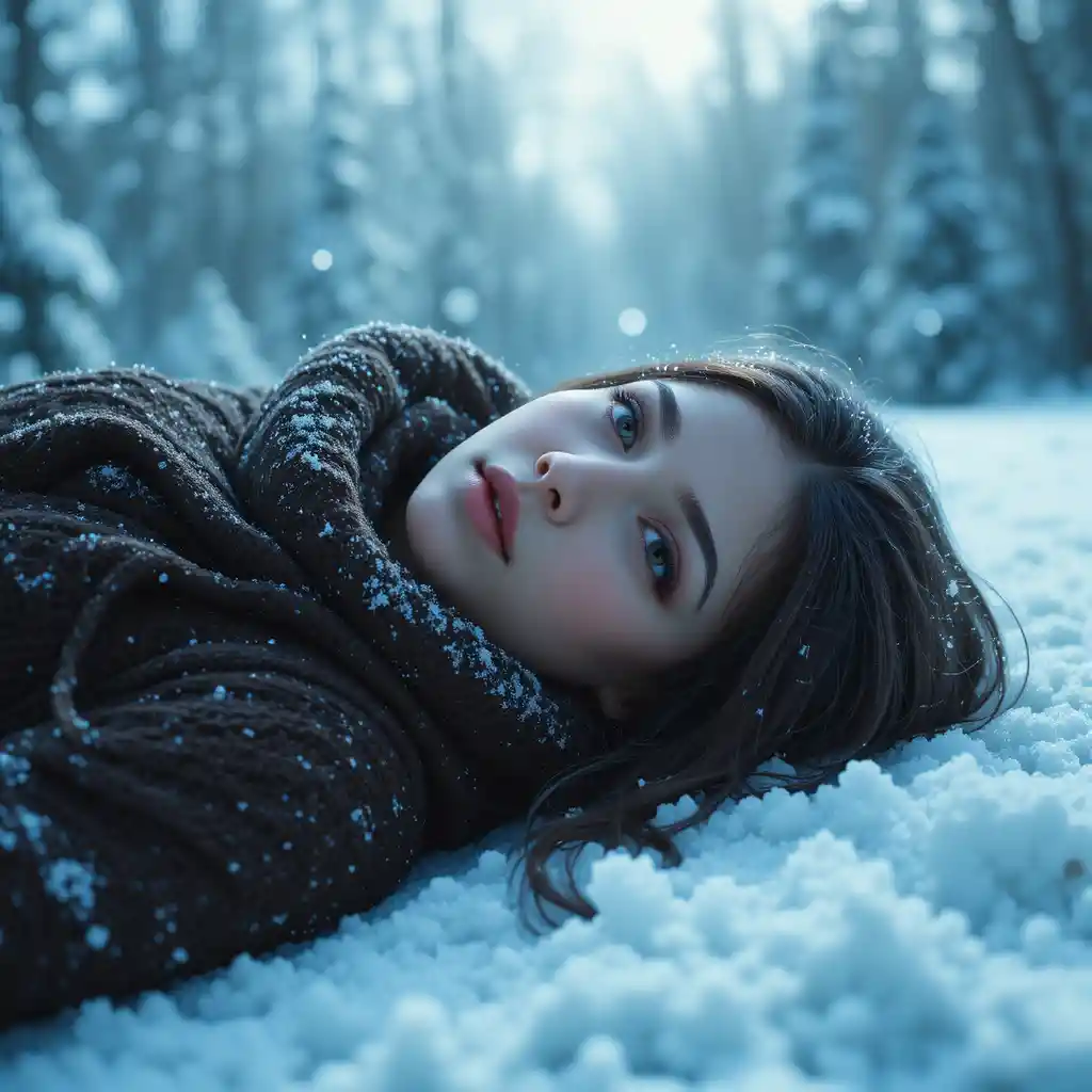 Joven mujer pálida tendida inmóvil sobre la nieve de invierno