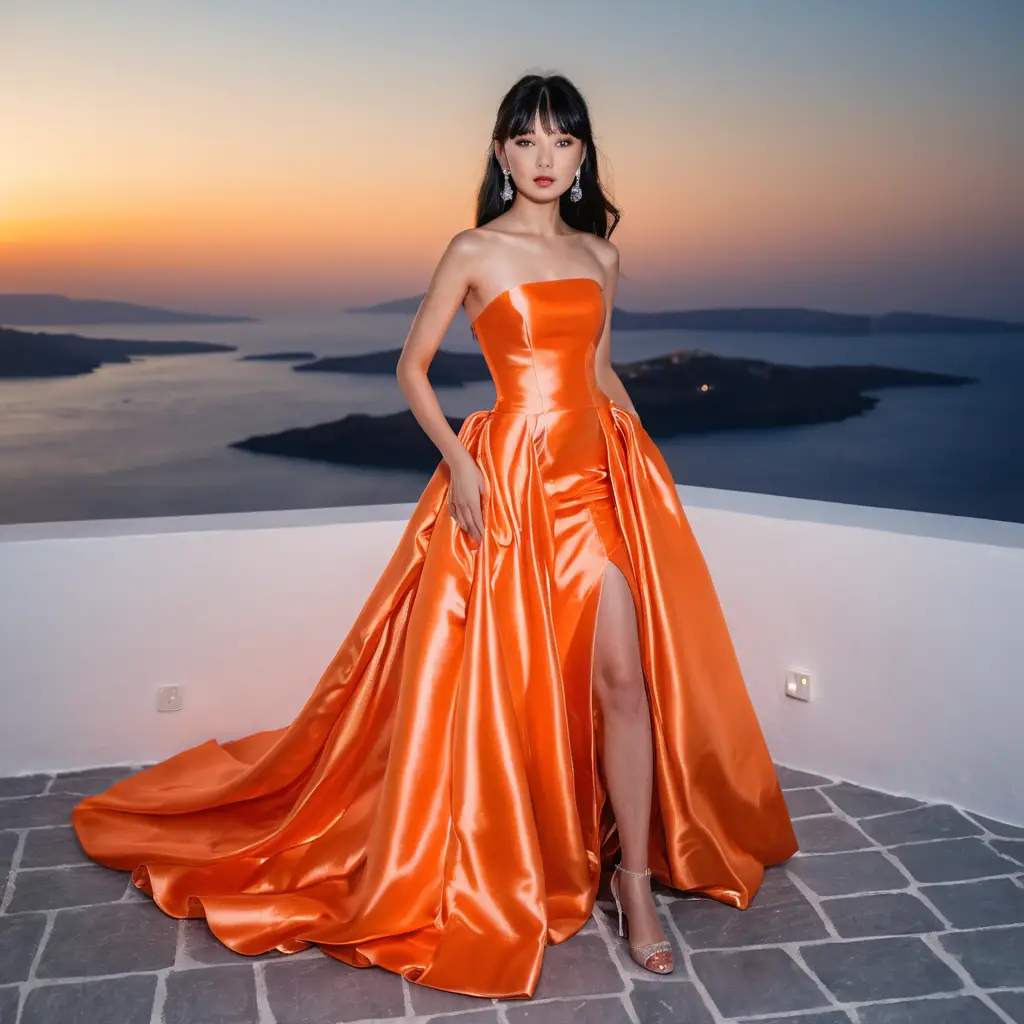 Mujer elegante con vestido de satén naranja de noche en Santorini