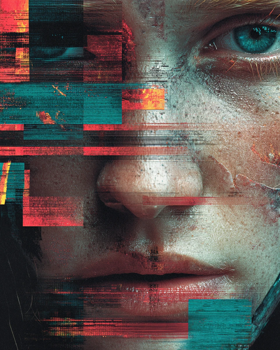 Extreme close up glitch portrait of fragmented face