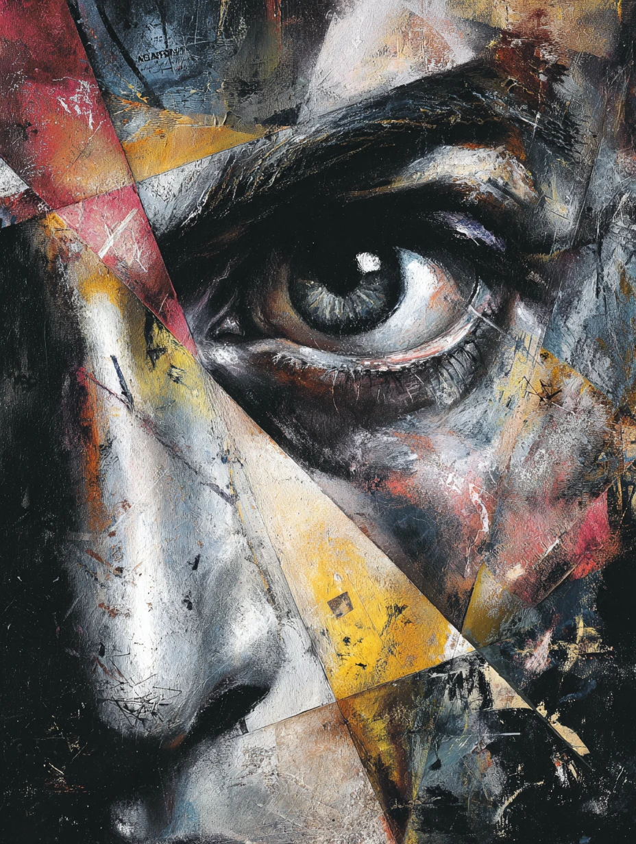 Dark expressive painting filled with layered psychological emotion