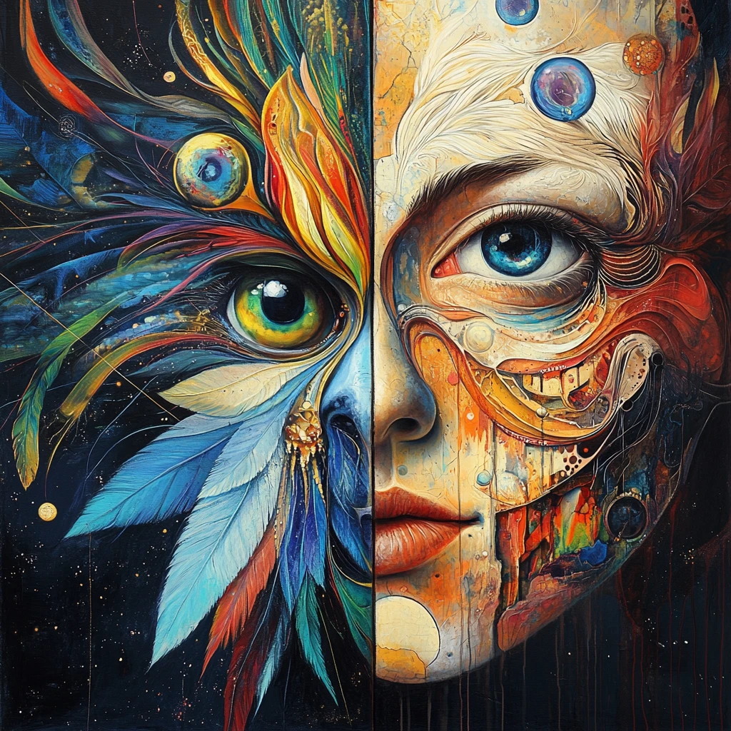 Rostro Híbrido Surreal con Ave Cósmica y Dualidad Humana