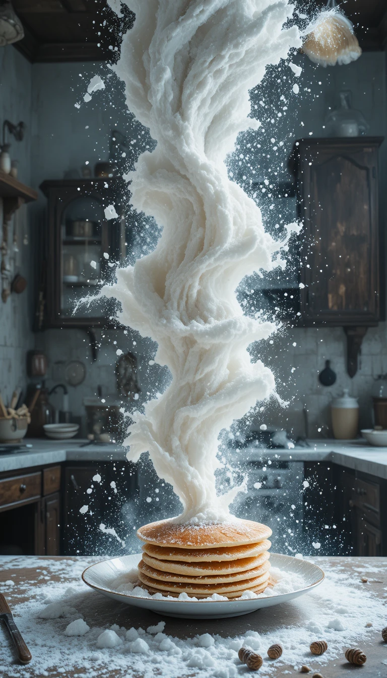 Tornado surreal de harina y panqueques en una cocina nevada