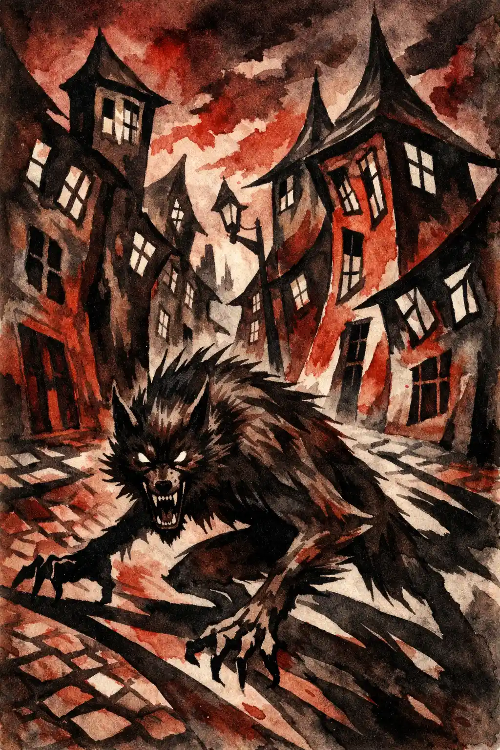 Surreal werewolf on a distorted city street watercolor