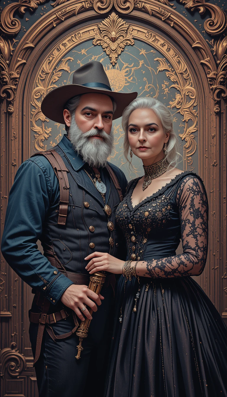 Rustic farmer and gothic wife in ornate surreal interior