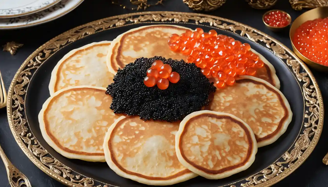 Panqueques con caviar rojo y negro en plato estampado