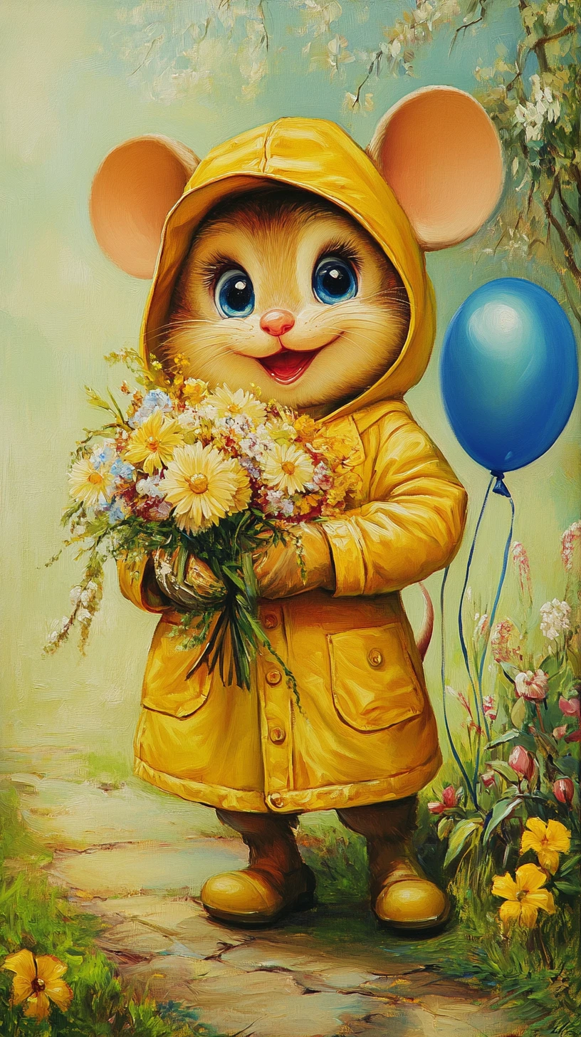 Cartoon mouse in yellow raincoat holding spring snowdrop flowers