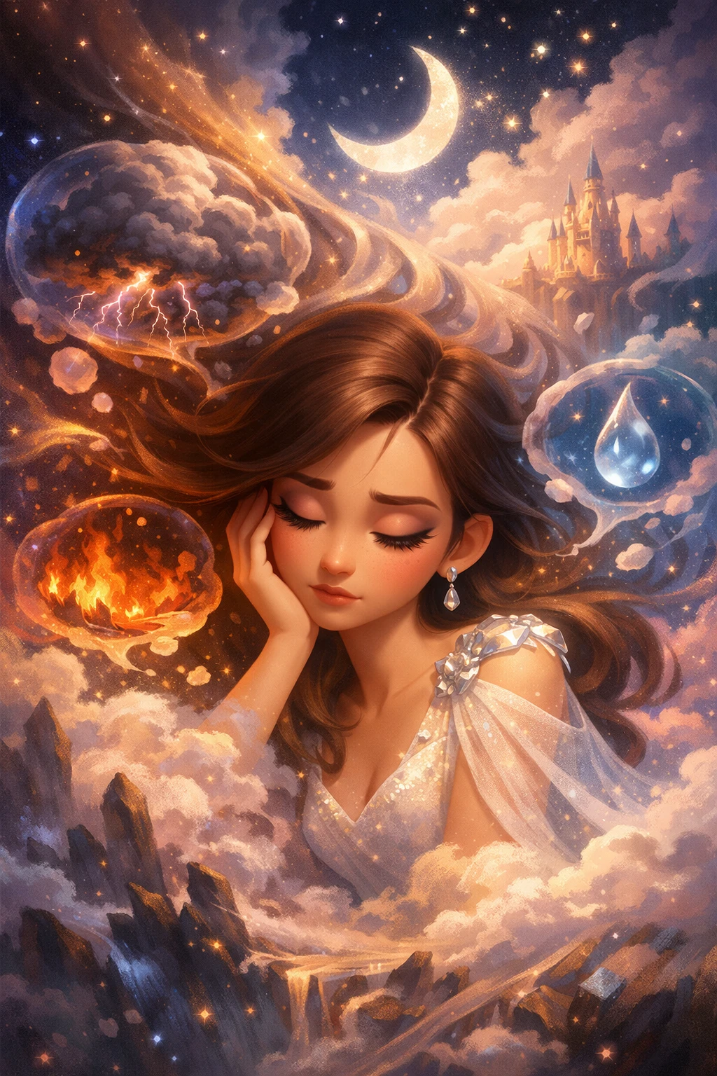 Retrato al estilo Pixar de una mujer pensativa en un espacio abstracto