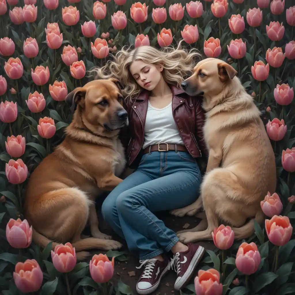 Sleeping girl in tulip field guarded by two large dogs