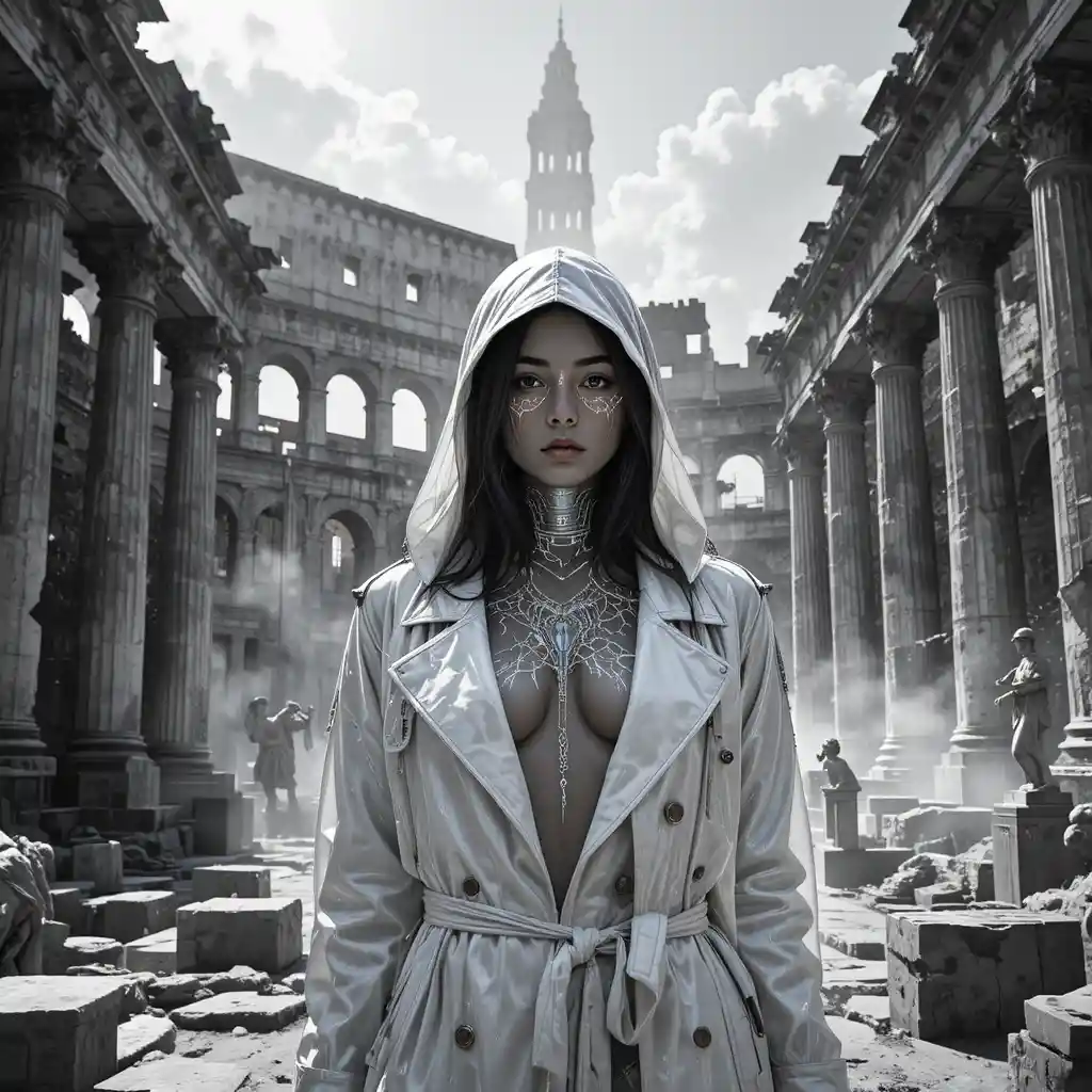 Cyberpunk-Femme-fatale vor einem mechanisierten römischen Kolosseum