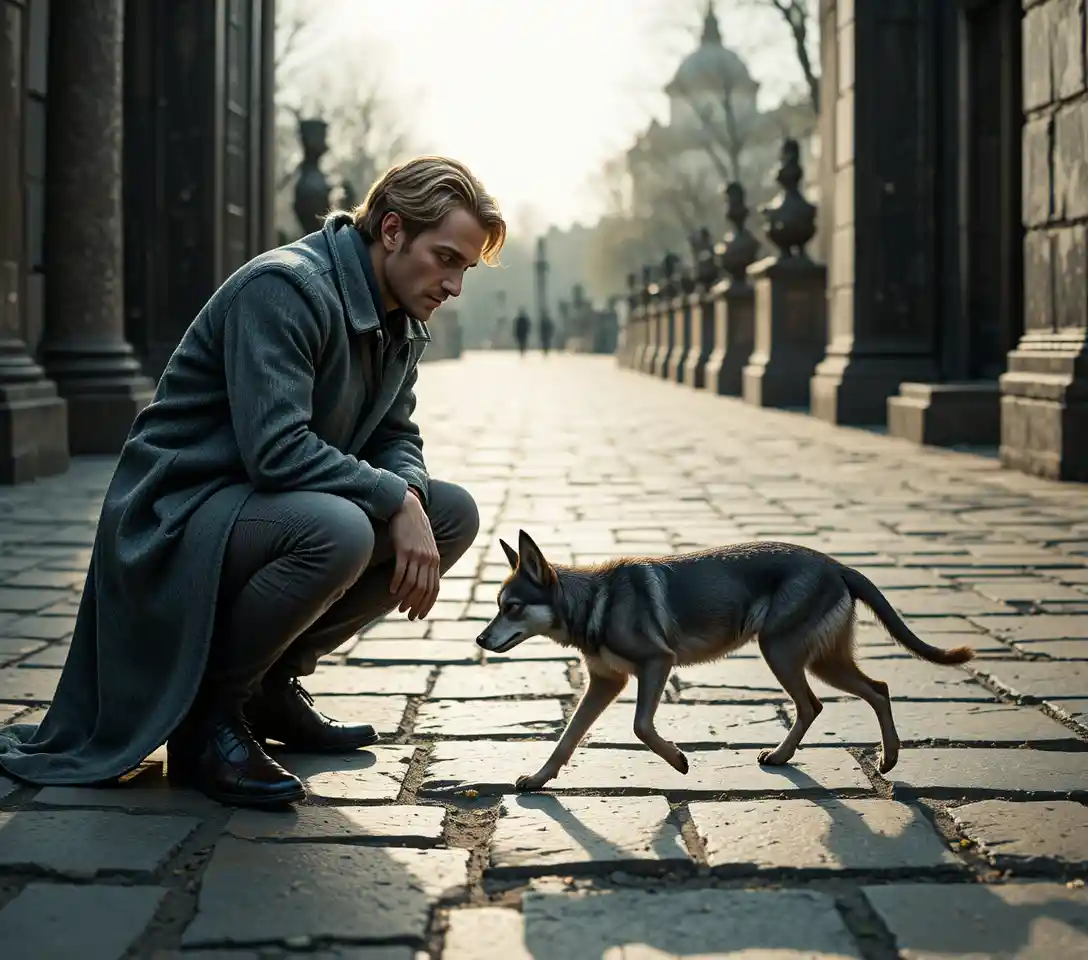 Curious man kneeling on stone ground near small animal