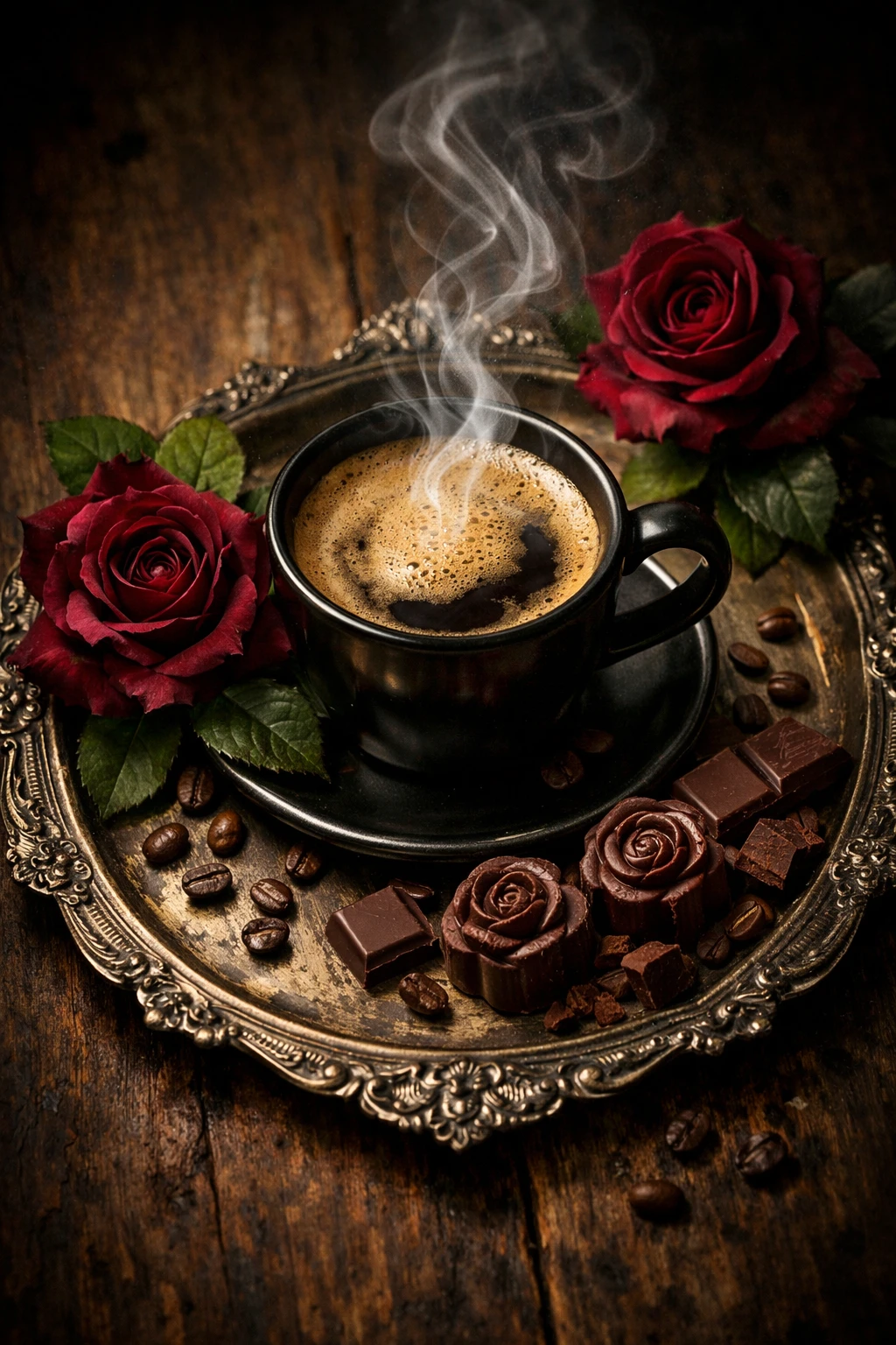 Taza de café vista desde arriba con rosas y chocolates sobre una bandeja