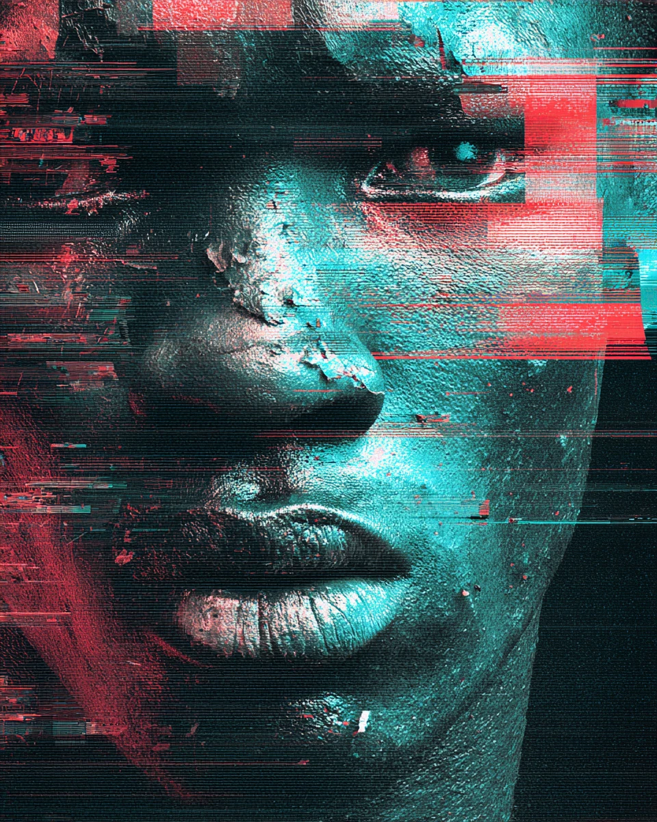 Ritratto glitch in primissimo piano di un volto frammentato