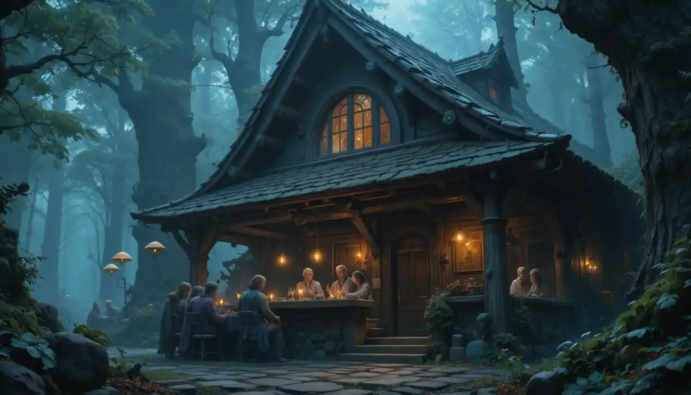 Fantasy Tavern In An Enchanted Forest With Glowing Runes